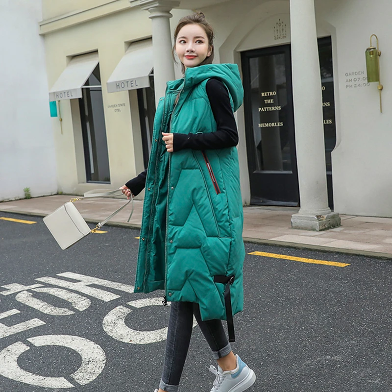 Long Winter Vest Women's Solid Hooded Pockets Zipper Padded Ladies Casual Sleeveless Jacket  Warm Waistcoat for Female