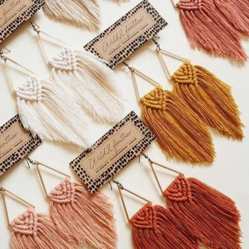 Dvacaman Boho Weave Macrame Earrings Triangle Ethnic Feather Fringe Tassel Earrings Bridesmaid Gifts Wedding Jewelry Accessories