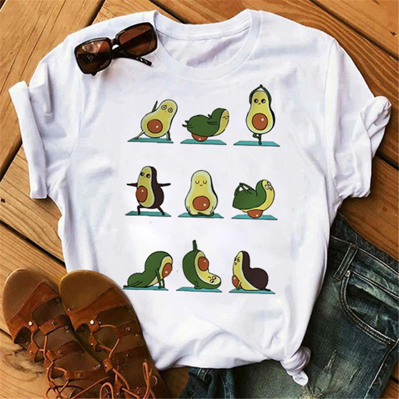 Maycaur New Women T-Shirts Summer Cute Avocado Printed Tops Tees Female T-shirt Short Sleeve White Tshirt for Lady Casual Tops