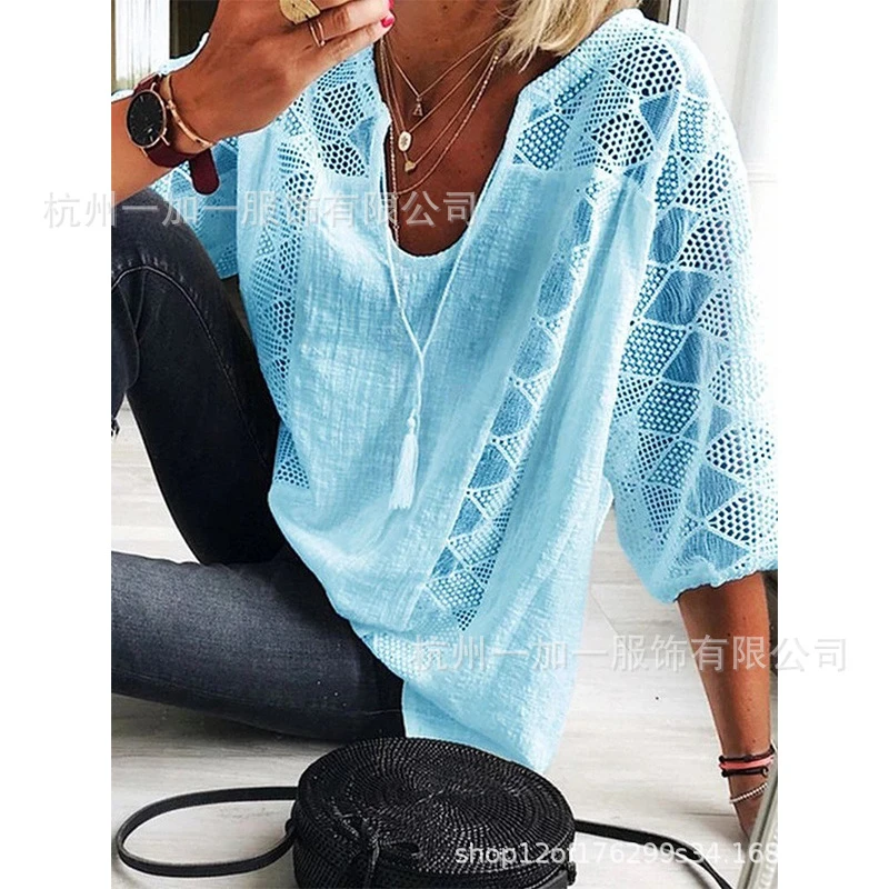 Large size loose women blouse 2021 summer V-neck ladies shirts tops fashion casual hollow five-point sleeve women blouses