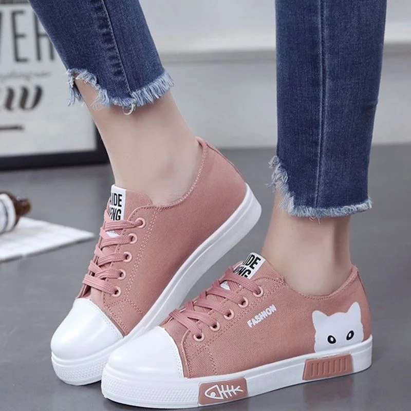 2020 Woman Vulcanized Women Flats Canvas Female Cartoon Cat Women's  Platform Sneakers Ladies Board Shoes Round Toe Plus Size 41