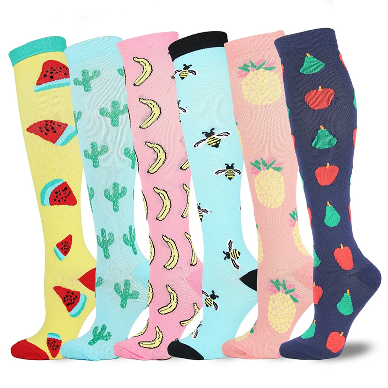 Leg Support Stretch Compression Stockings Outdoor Sport Compression Socks Fruits Pattern Below Knee Socks Long Socks Stockings