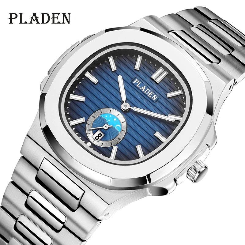 PLADEN Luxury Men Watches Hot Sale Silver High Quality Quartz Clock 316L Stainess Steel  Automatic Date Wristwatch Reloj hombre