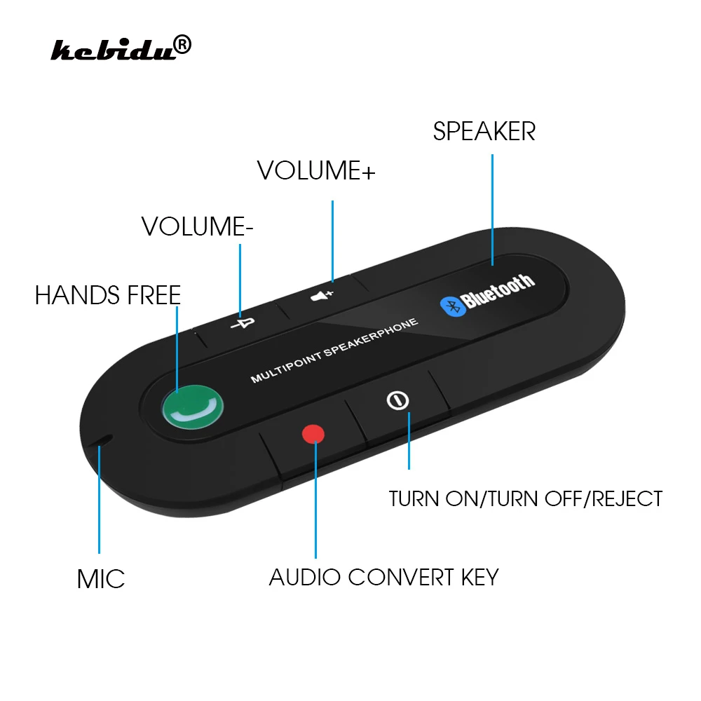 Bluetooth Car Kit Handsfree Music Receiver Wireless Auto AUX Audio Multipoint Speakerphone MP3 Music Player Sun Visor Clip