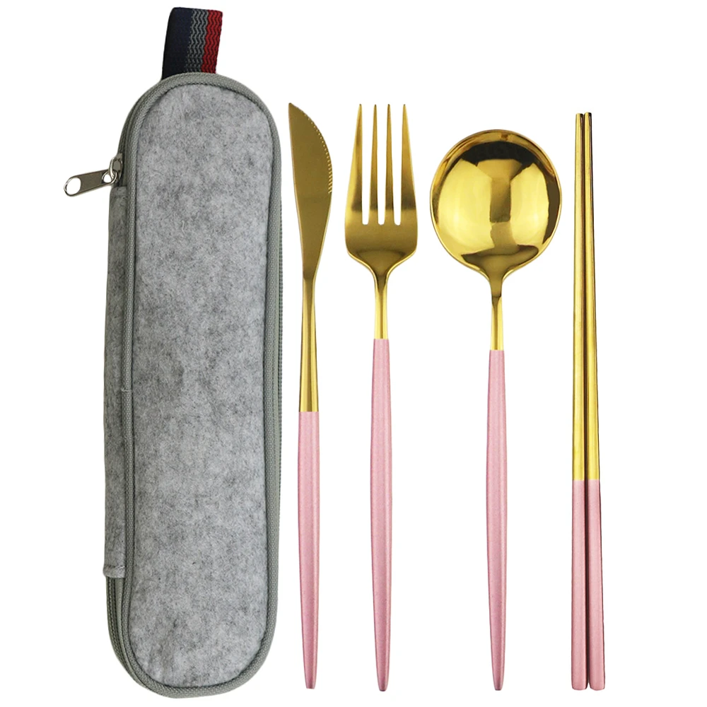Pink Gold Dinnerware Set Travel Camping Cutlery Set Knife Fork Spoon Chopsticks With Portable Bag Stainless Steel Tableware Set