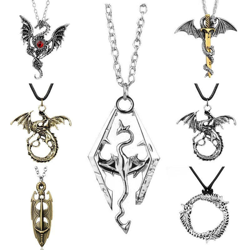 Cool New Game Dragon The Elder Scrolls V Pendant Necklace Vintage Skyrim Pterosaur Choker Chain Necklace For Men Jewelry Gift