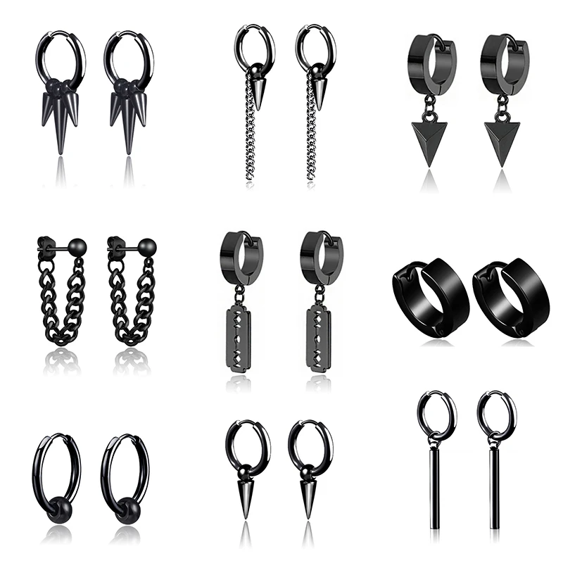 1 pair Punk Multiple Styles Fashion Black Color Stainless Steel Simple Earrings for Women And Men Punk Jewelry Gifts