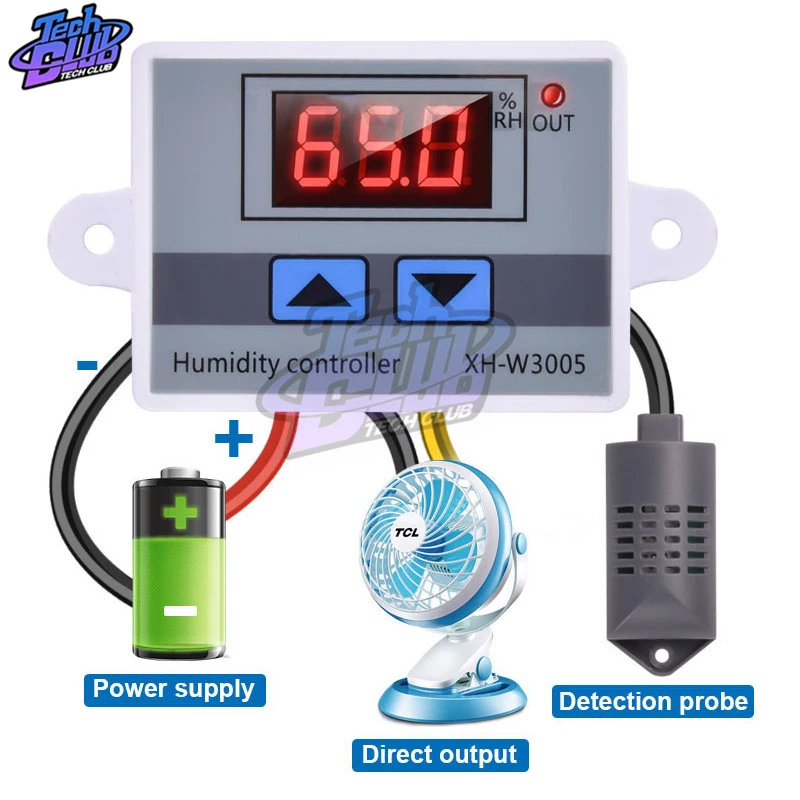 0~99%RH XH-W3005 Digital Humidity Controller 220V 12V 24V Hygrometer Humidity Control Switch Hygrostat with NTC Humidity Sensor