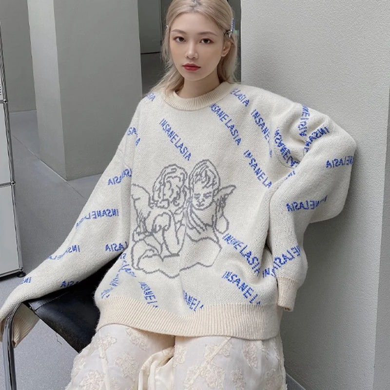 Oversized Streetwear Angel Pattern Women'S Sweater Retro Lazy Pullover Trendy Brand Round Neck Fashion Sweater Women 2021 Winter