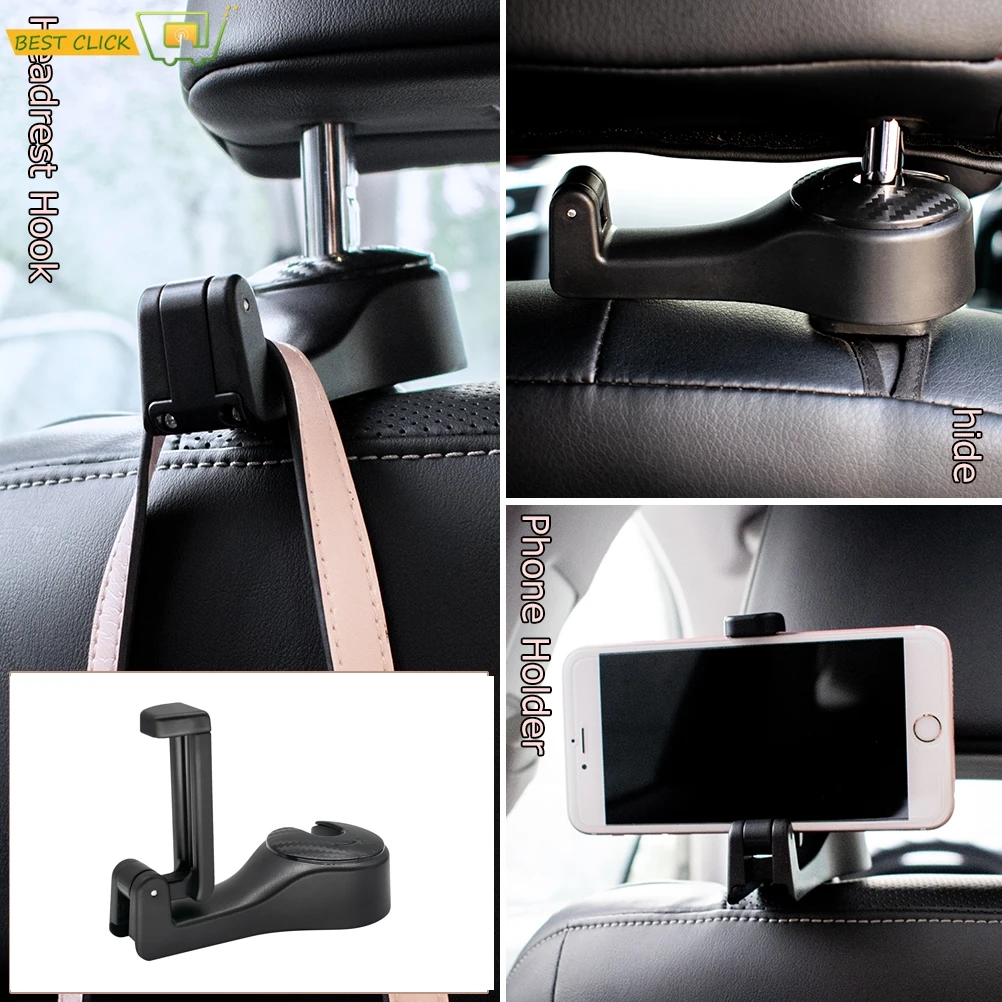 2 In 1 Phone Holder Car Chair Hook Back Seat Hanger Headrest Hook Seat Cover Hanging Handbag Shopping Bag Vehicle Auto Accessory