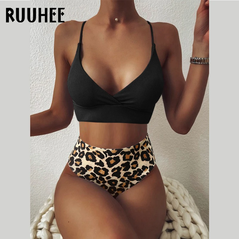 RUUHEE Women Swimsuit Ribbed High Waist Solid Black White Push Up Bikini Sets 2021 Swimwear Female with Padded Bathing Suit