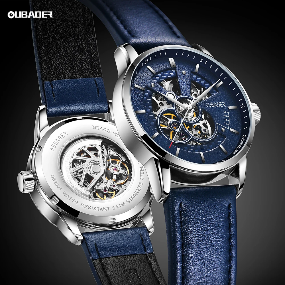 OUBAOER Mens Watches 2021 Mechanical Automatic Top Brand Luxury Tourbillon Self Winding Leather Sport  Wristwatch
