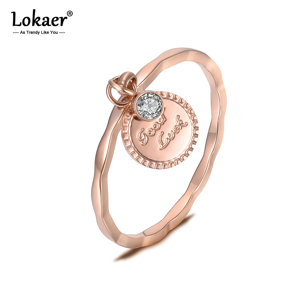 Lokaer Trendy Stainless Steel Ring Rose Gold Color AAA CZ Zircon Sinusoid Shape Ring Hang 'Good Luck' Coin Christmas Gift R18143