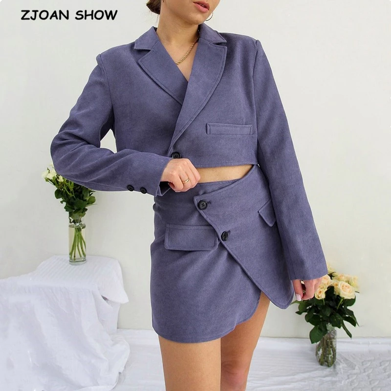 Vintage Sexy One Button Short Women Corduroy Blazer High Waist Irregular Cross Slit Mini Skirt Long Sleeve Suits 2 Pieces Set