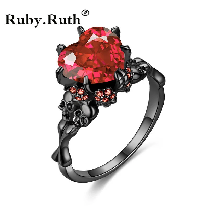 Vintage Heart Red Zircon Stone Skull Rings Fashion Black Jewelry Women Men's Punk CZ Skeleton Ring For Party Dropshipping