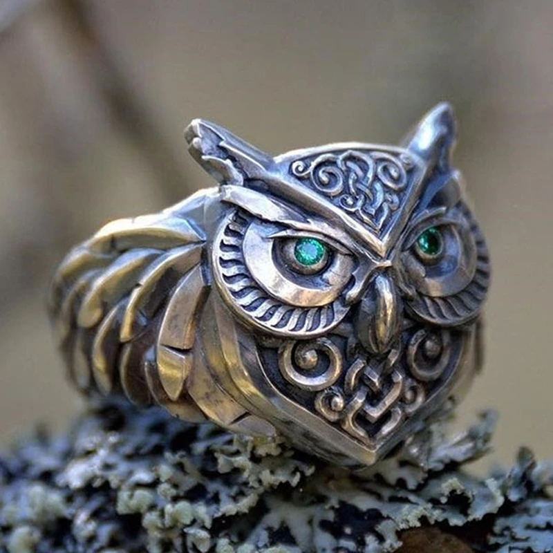 Retro Green Eye Owl Ring Brass Alloy Classical Ethnic Style Men and Women Ring Fashion Jewelry Gifts