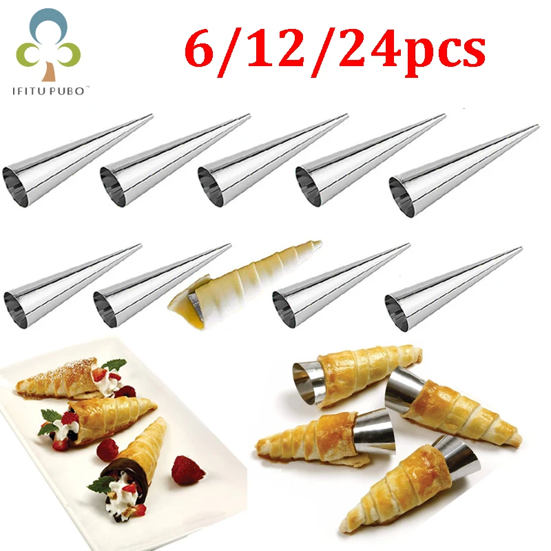 6/12/24pcs Baking Cones Stainless Steel Spiral Croissant Tubes Horn bread Pastry making Cake Mold Cookie Dessert Baking Tool ZXH