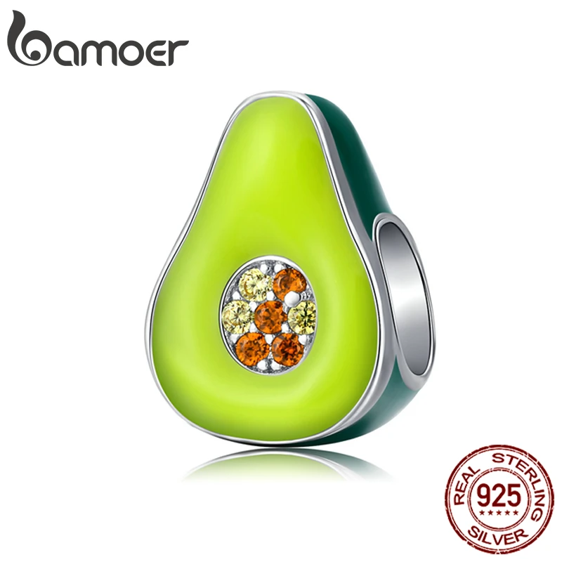 bamoer 925 Sterling Silver Jewelry Green Enamel Avocado Fruit Charm for Original Silver Bracelet 3mm Women Jewelry Making BSC129