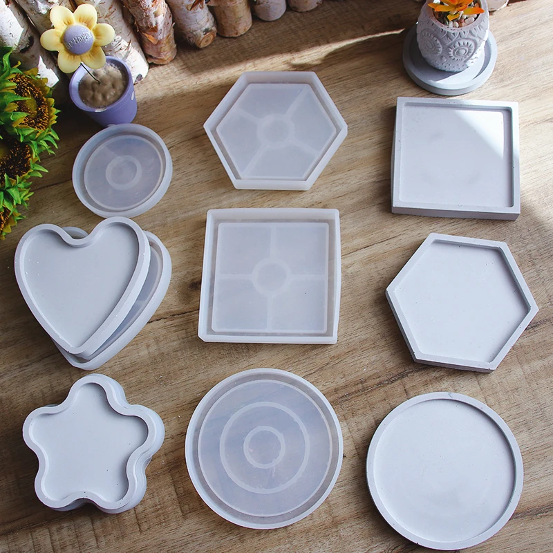 New Hexagon Coaster Concrete Tray Silicone Mold Round Square Candlestick Plaster Base Tray Mould Cement Flowerpot Pedestal Molds