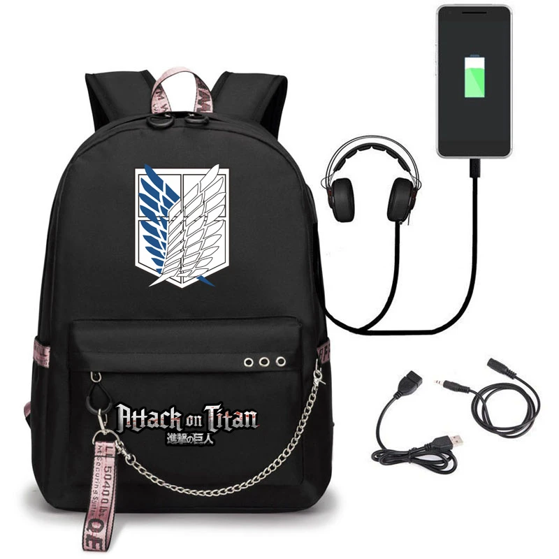 Attack on Titan Backpack Eren Cosplay Bag Shingeki No Kyojin USB Charging Schoolbag Unisex Daily Mochila