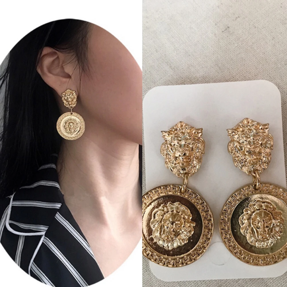 Women Fashion Simple Round Animal Lion Head Drop Earrings 1PC Retro Alloy Geometric Earrings Vintage Jewelry Accessories