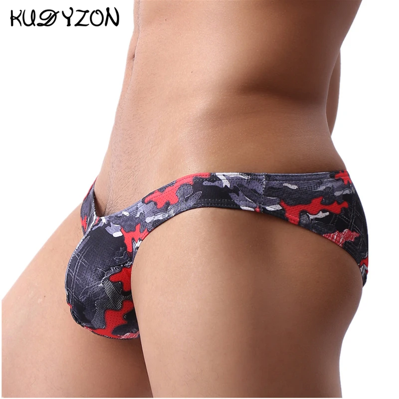 KUDYZON Sexy Gay Underwear Men Printed Briefs Low Waist Male Panties Cuecas Calzoncillos U Pouch Jockstrap Mesh Bikini Brief