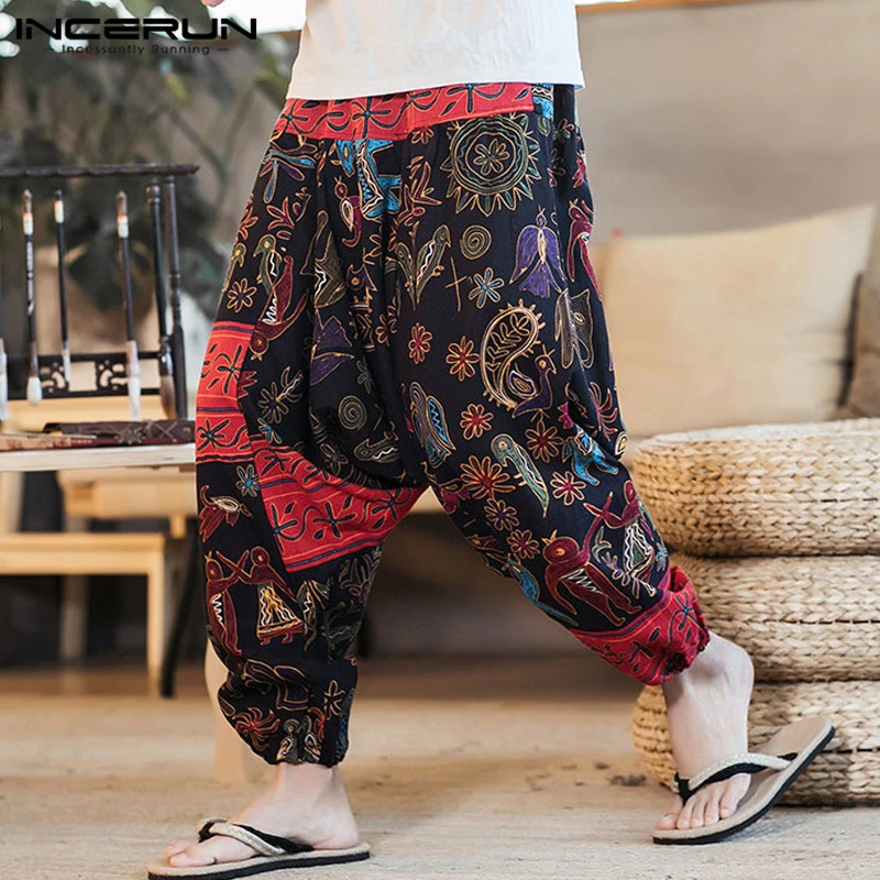 INCERUN 2021 Men Harem Pants Print Retro Drop Crotch Joggers Cotton Trousers Men Baggy Loose Nepal Style Men Casual Pants S-5XL