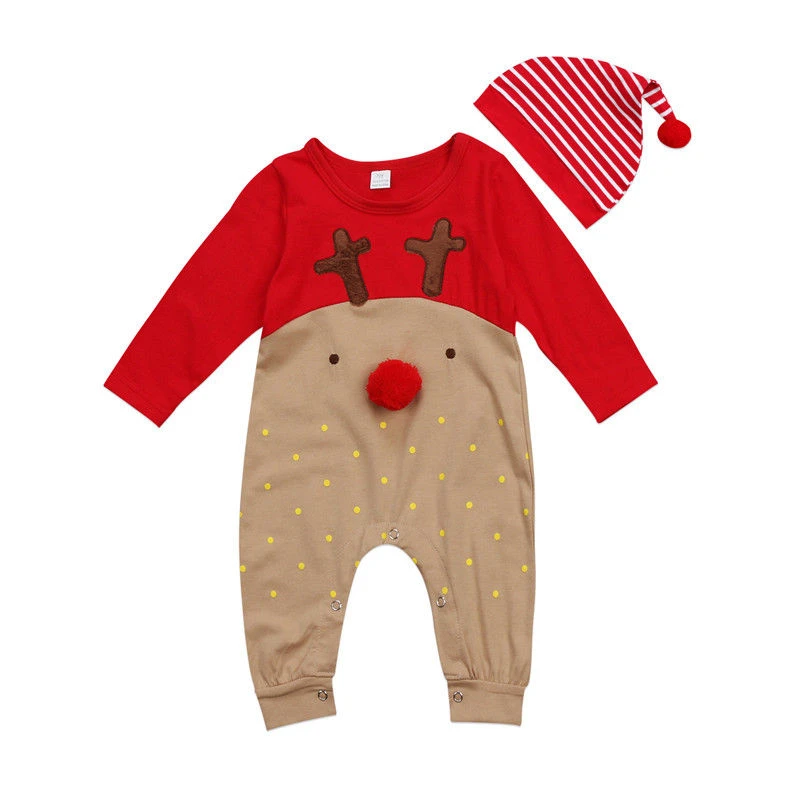 2Pcs Newborn Baby Boys Girl Christmas Rompers Long Sleeve Deer Romper Jumpsuit Hat Sleepwear Party Costume Baby Clothes