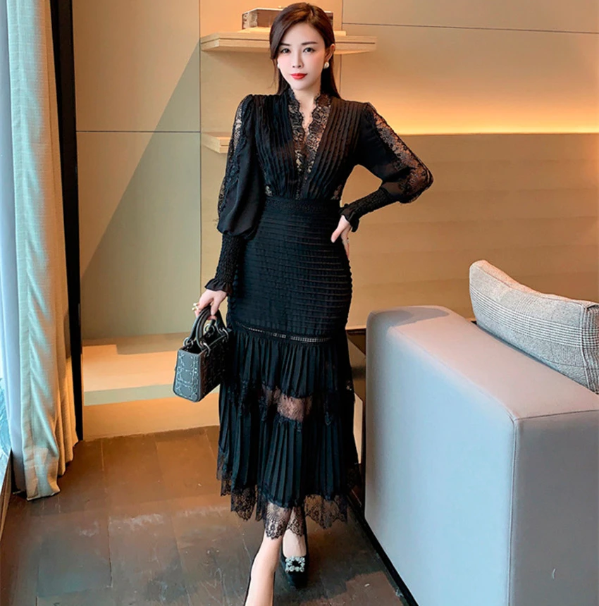 JSXDHK Fashion Runway Women Pleated Party Dress Spring Sexy V Neck Lantern Sleeve Chiffon Patchwork Lace Bodycon Slim Long Dress