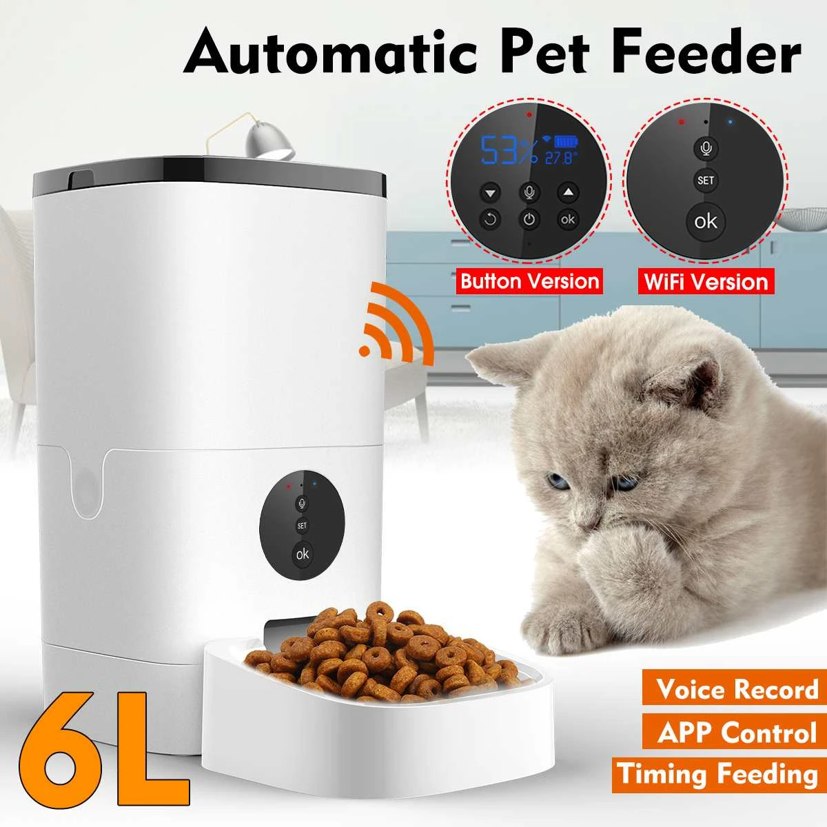 6L Automatic Pet Feeder Smart Remote Control 5S Voice Recording Cat Dog Food Dispenser [WiFi/Button Version]