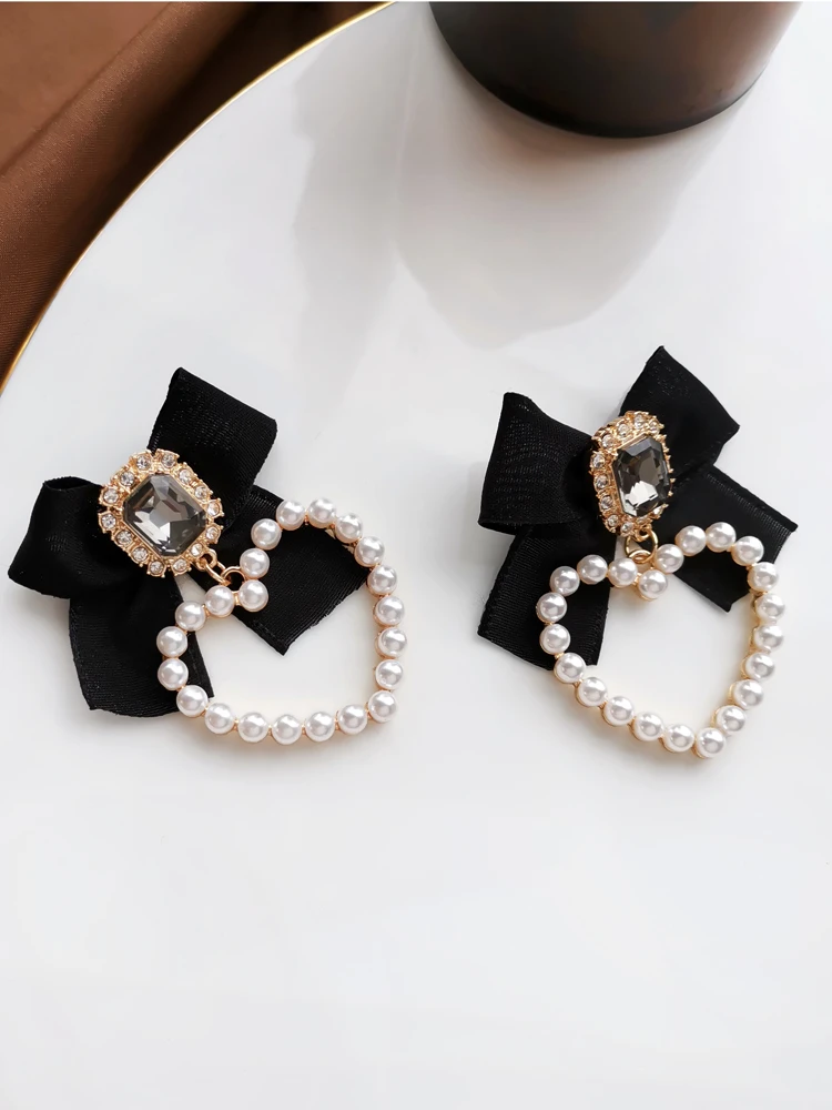 S925 needle Sweet Jewelry Black Bowknot Earrings 2021 New Design Crystal Glass Simulated Pearls Heart Drop Earrings For Girl