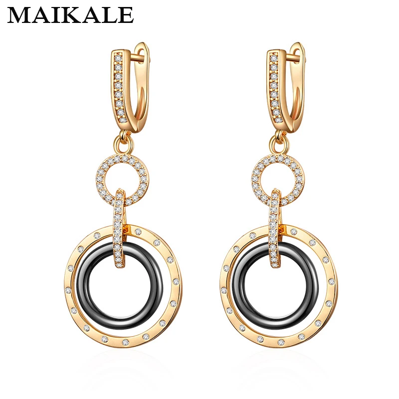 MAIKALE Trendy Ceramic Round Earrings Copper High Quality Cubic Zirconia Plated Gold  Drop Earrings For Women For Gifts