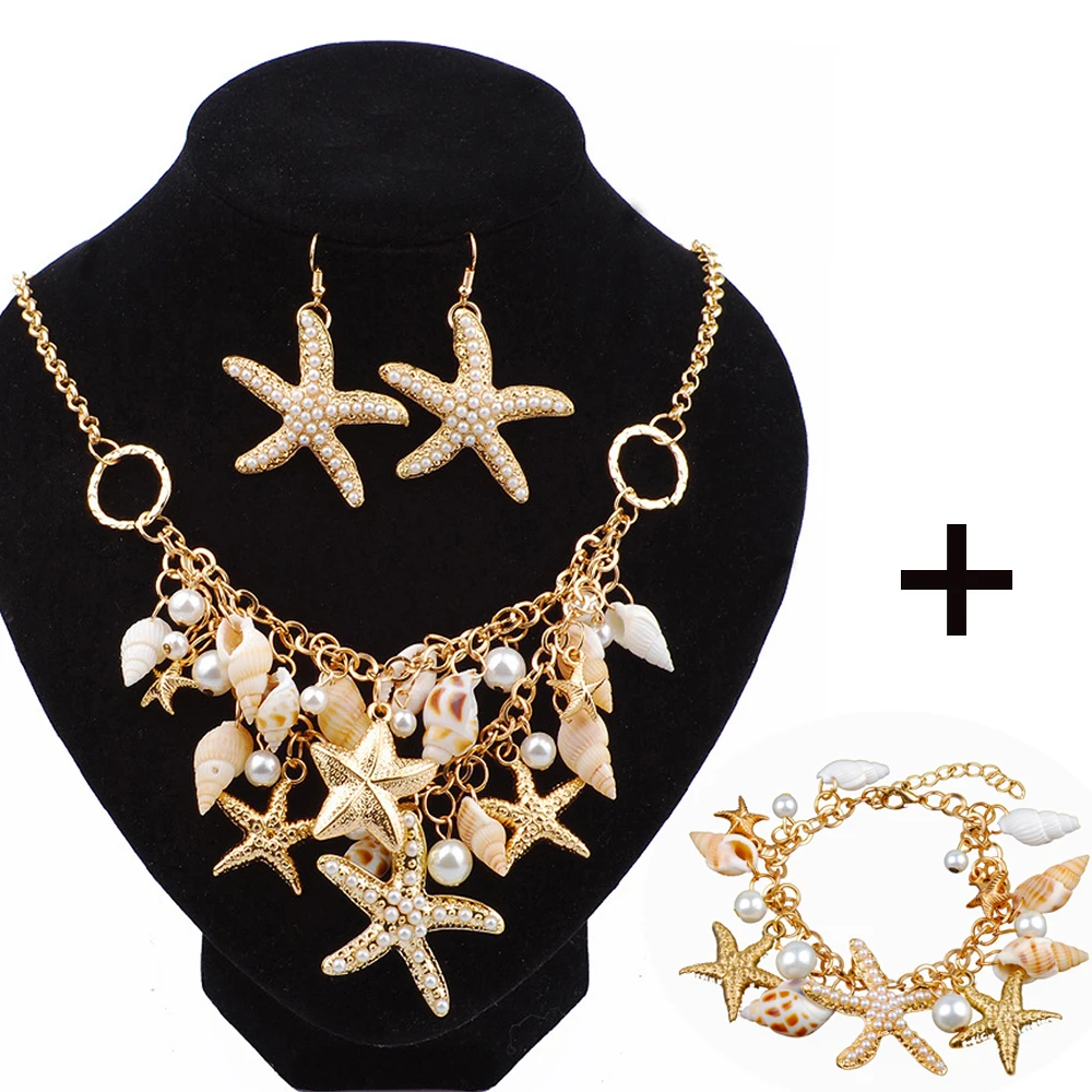 Starfish Sea Snail Earrings Necklace Bracelet Suit Pearl Shell Double Sautoir Charm Conch Seashell Drop Earring Jewelry Sets