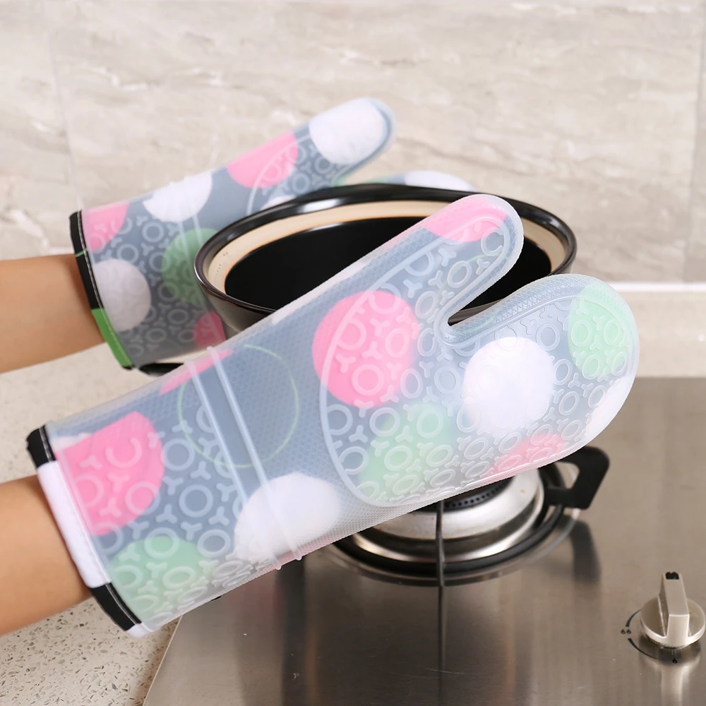 2PCS Heat Resistant Silicone Kitchen Gloves Oven Mitts Thicker Silicone Cooking Glove Microwave Oven Kitchen Print Gloves
