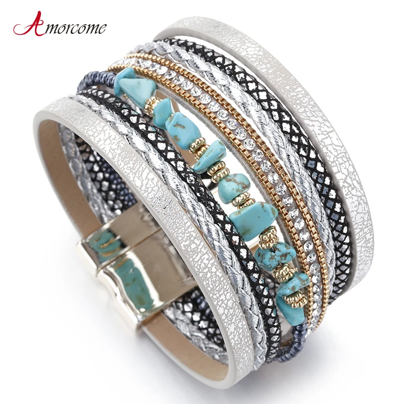 Amorcome Blue Natural Stone Leather Bracelets For Women Trendy Boho Braided Rope Wide Multilayer Wrap Bracelet Female Jewelry