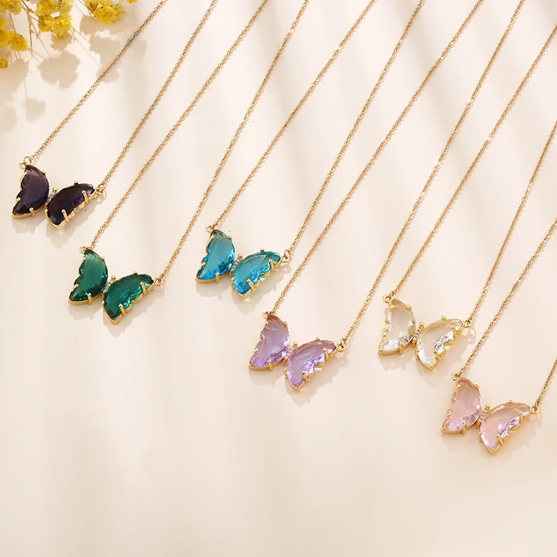 Fashion Stainless Steel Six Colors Crystal Butterfly Pendant Necklace For Women Glamour Female Color Butterfly Necklace Jewelry