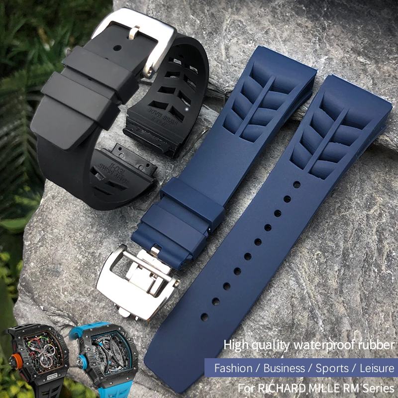 20mm High Quality Silicone Rubber Watch Band for Richard White Blue Mille Butterfly Buckle Soft Nature Strap Screw Hole Bracelet