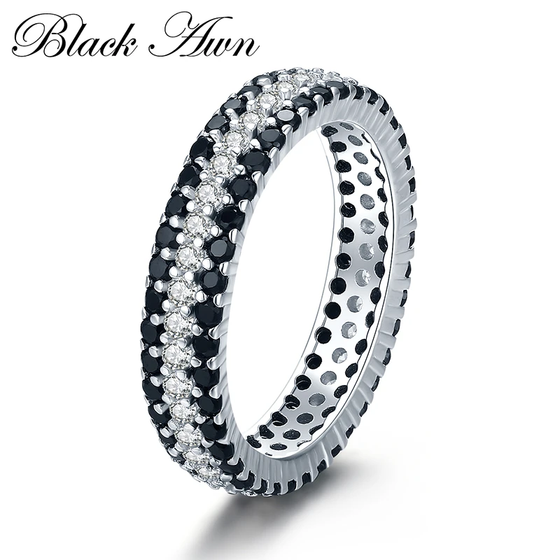 Classic 3.2g 925 Sterling Silver Fine Jewelry Bague Round Black Spinel Engagement Rings for Women Bijoux Femme C443