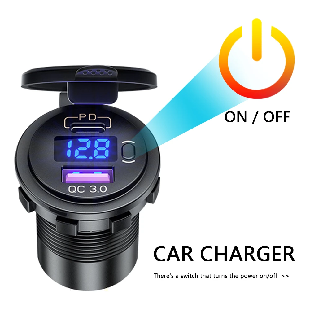 P21-B Car Motorcycle Dual USB Charger Quick Charge QC 3.0 + PD USB Fast Charger Socket Power Outlet Adapter with Switch