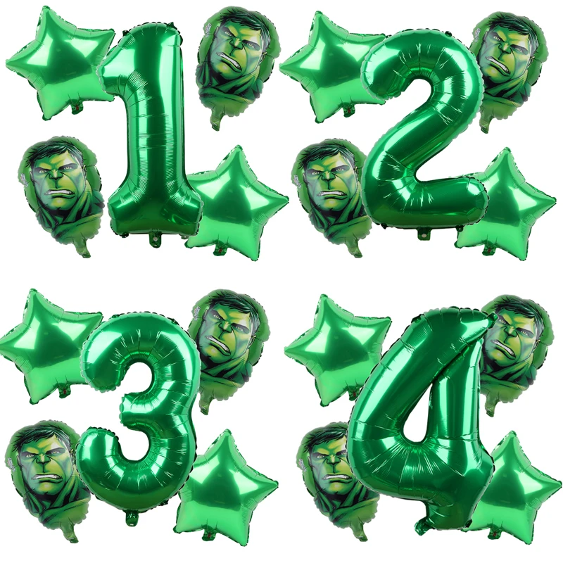 5pcs Avengers Hulk Iron Man Foil Balloons Green Number Party Inflatable Head Balloon Birthday Party Decoration Kids Toys Globos