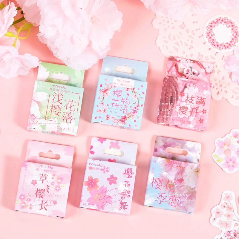 45 pcs/box Pink cherry blossoms Journal Decorative Stickers Scrapbooking Stick Label Diary Stationery Album Sakura Stickers