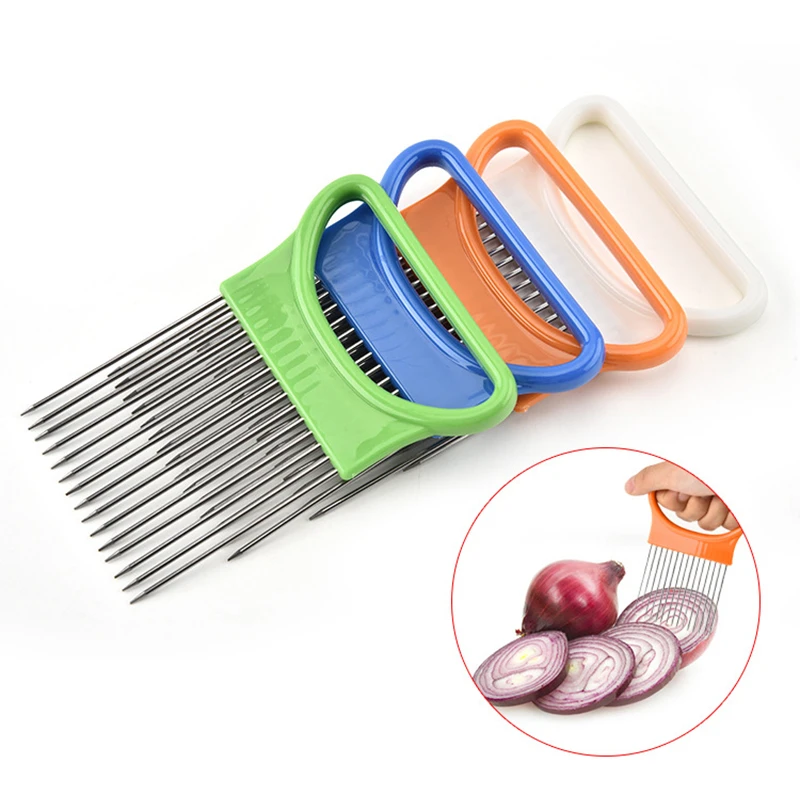 Stainless Steel Onion Needle Onion Fork Vegetables Fruit Slicer Tomato Cutter Cutting Safe Aid Holder Kitchen Accessories Tools