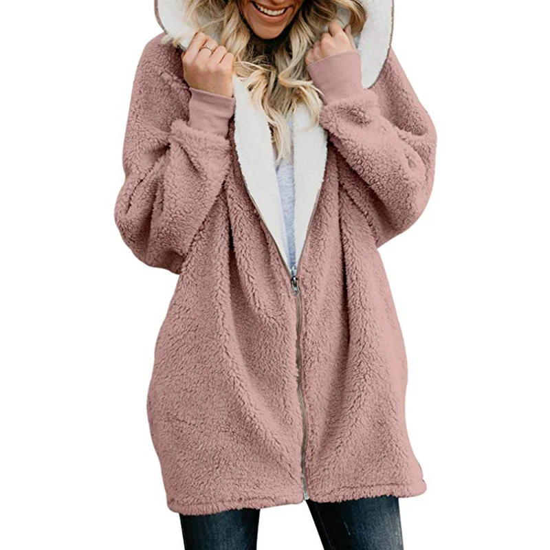 Winter Plush Long Coats Women Zipper Loose Fluffy Hooded Jacket Overcoat Female Warm Fleece Soft Pocket Casual Hoodies Plus Size