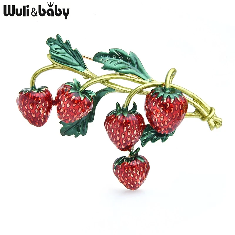 Wuli&baby Red Enamel Strawberry Brooches For Women Red  Strawberry Bouquet Flower Weddings Party Office Casual Brooch Pins Gifts