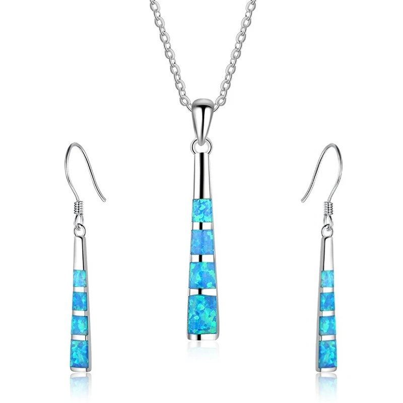 Charm Geometric Shape Jewelry Set Blue Imitation Fire Opal Pendant Necklace With Earrings For Women Accessories Party Loves Gift