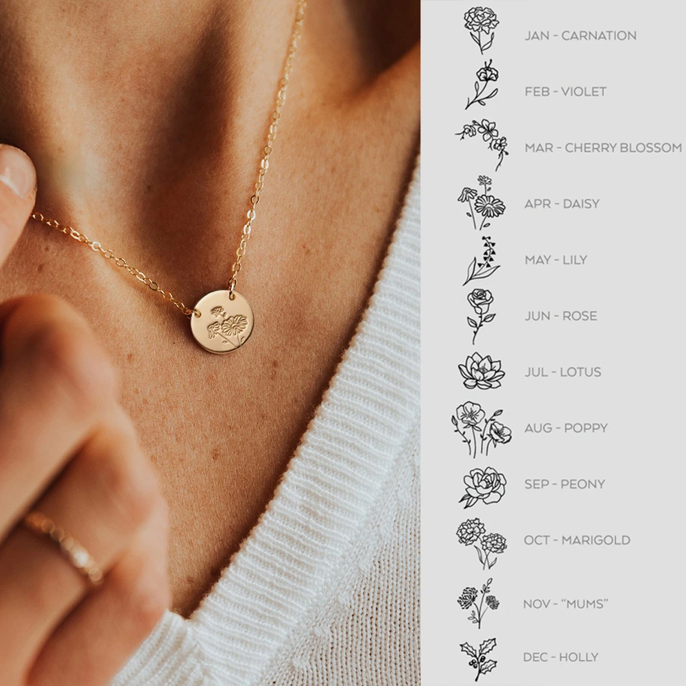 Delicate Birth Flowers Necklace Zola Flower Month Disc Necklace Jewelry Mother Women Gift Two Hole 15mm, 18inch