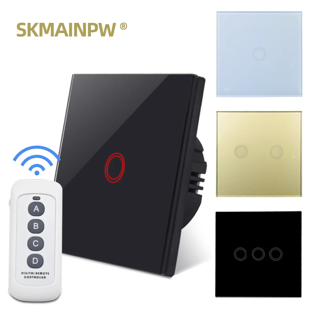 Skmainpw Eu Uk Wireless Switch Remote Control RF433 Golden Black White Crystal Glass Light Wall Touch Switch 1/2/3 Gang