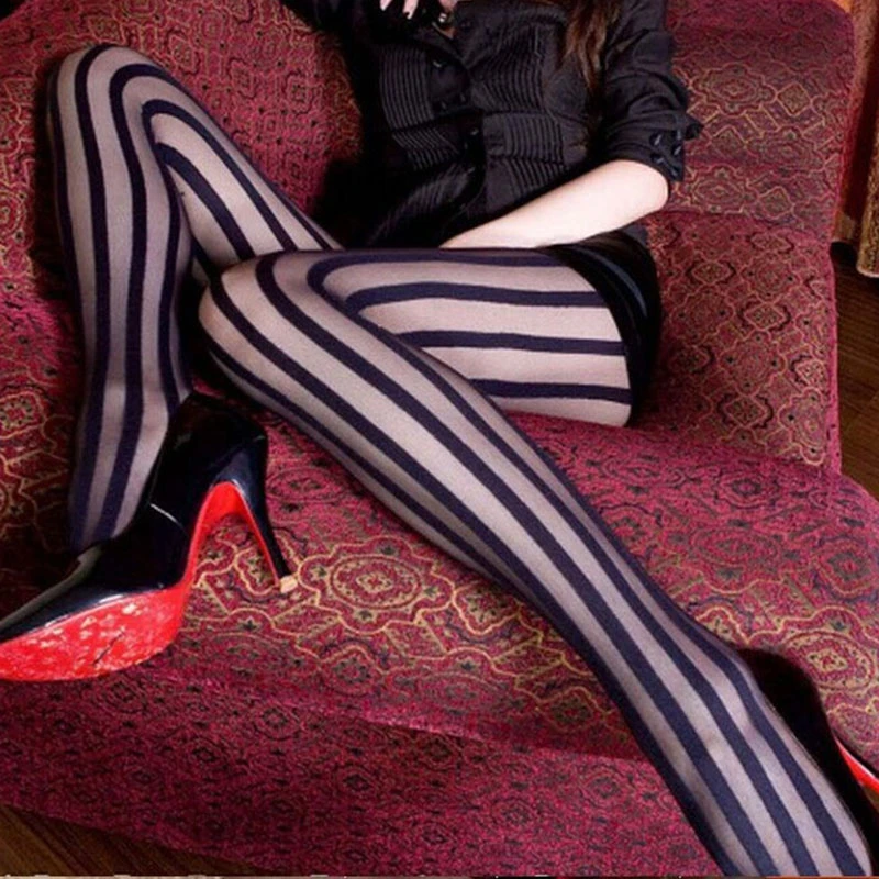 Women Vintage Sexy Black Vertical Stripes Pattern Stretchy Tights Fishnet Tights Pantyhose Stockings