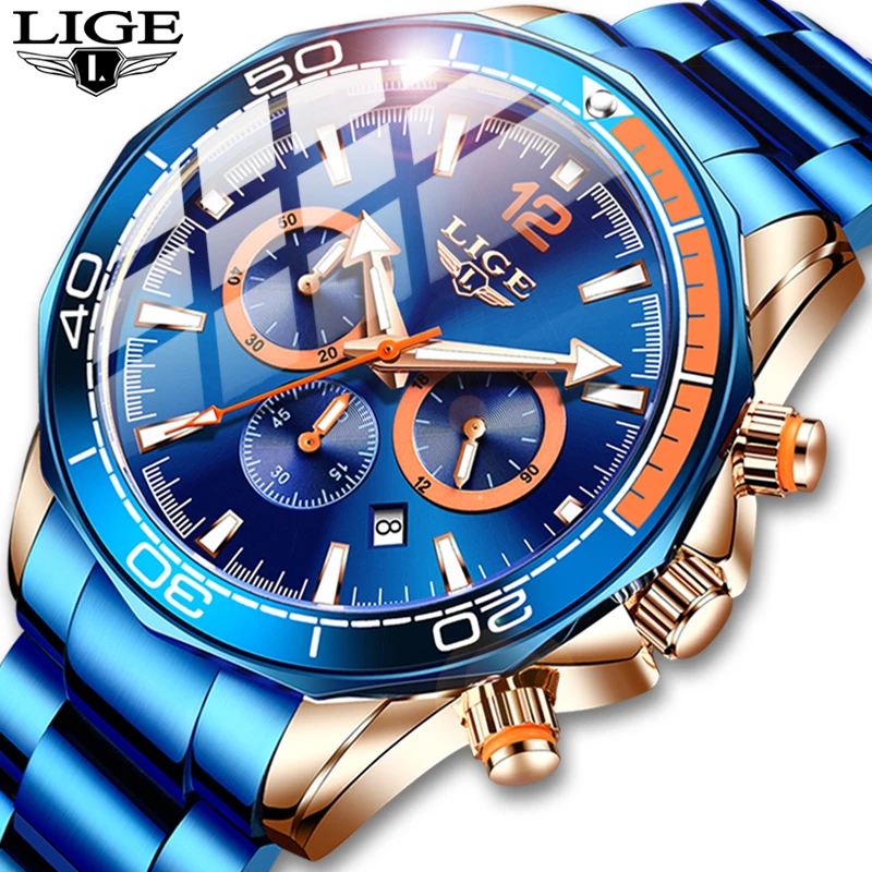 2021 New Fashion Blue Mens Watches LIGE Top Brand Luxury Quartz Clock Sports Chronograph Waterproof Watch Men Relogio Masculino