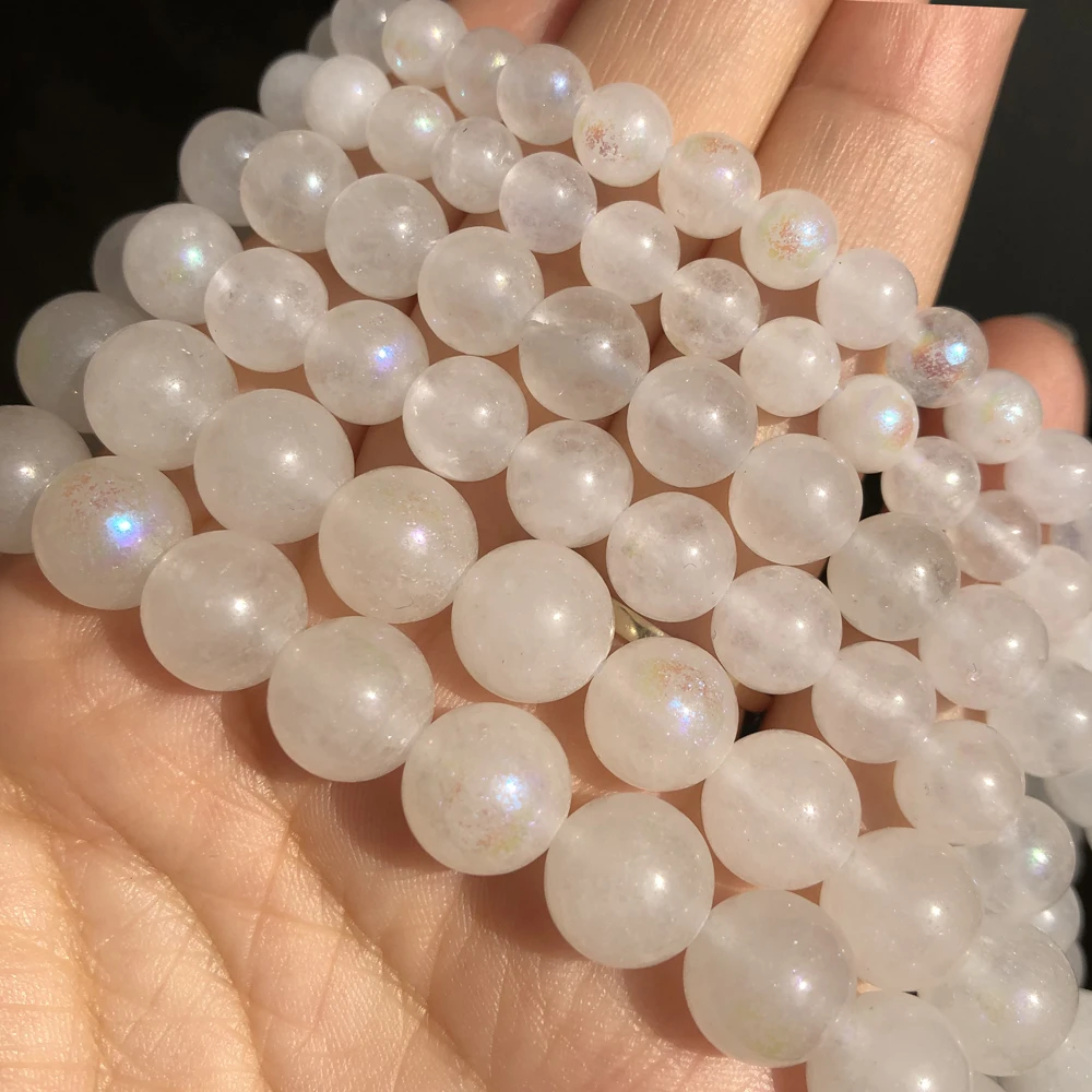 Natural Stone AB Plated White Moonstone Bead Smooth Round Loose Spacer Beads 6/8/10mm For Jewelry Making DIY Bracelet Strand15